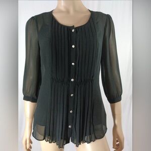 Talbot's Black Blouse Semi-transparent Pleated Buttons 3/4 Sleeve 6P